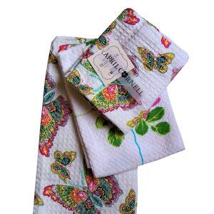April Cornell 3 Pc. Cotton Kitchen Tea Towel Set Pink White Butterflies Flowers